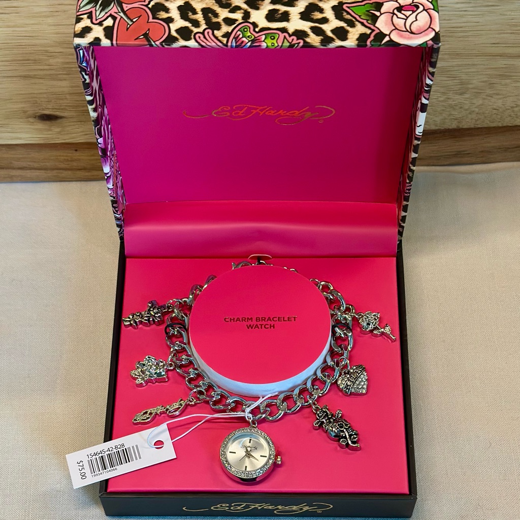 Ed Hardy Charm Bracelet Watch Gift Box Chunky Silver Chain Bling Y2k Mob Wife
